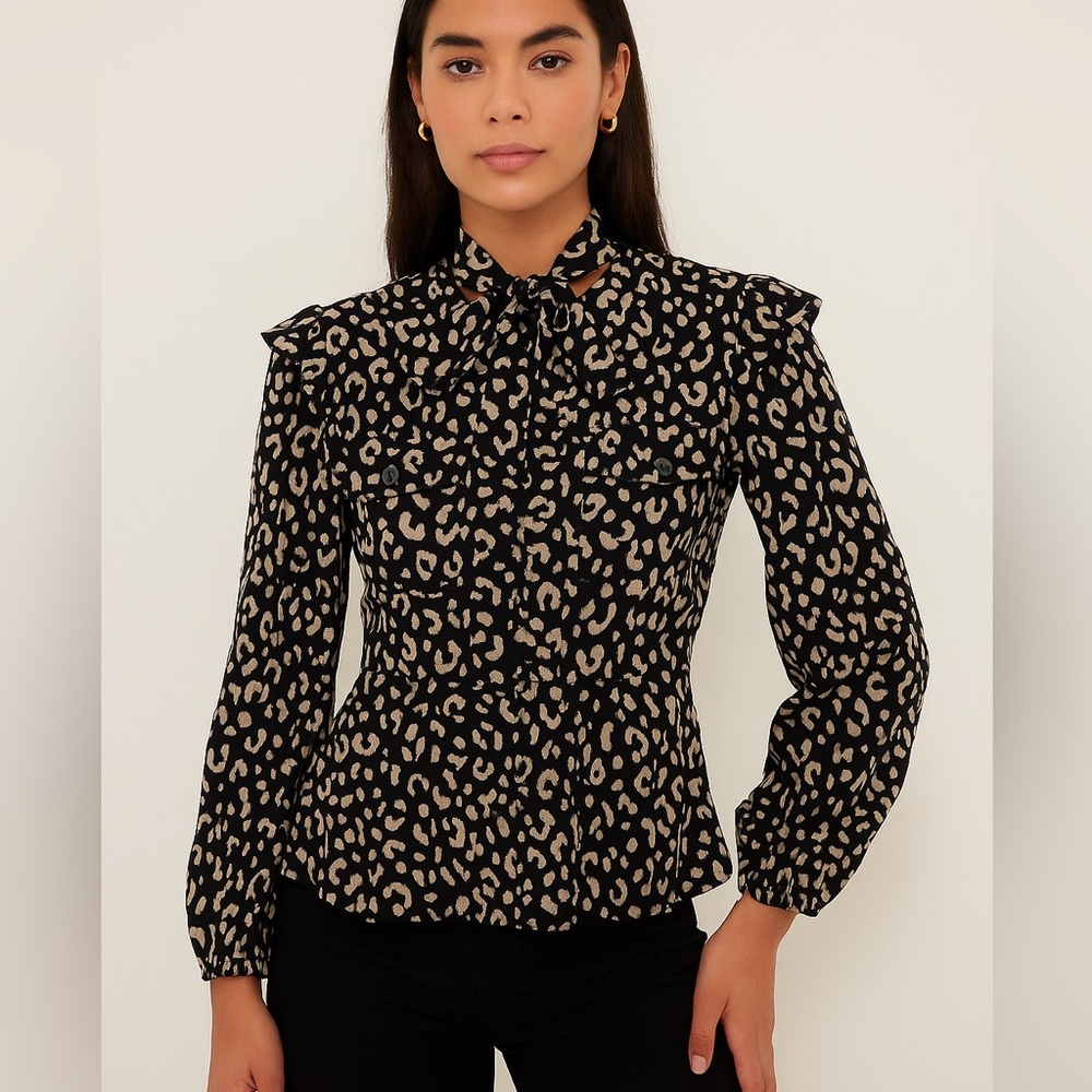 Sweet Rain Women’s S Leopard Print Black Tan Ruffle Peplum Long Sleeve Blouse